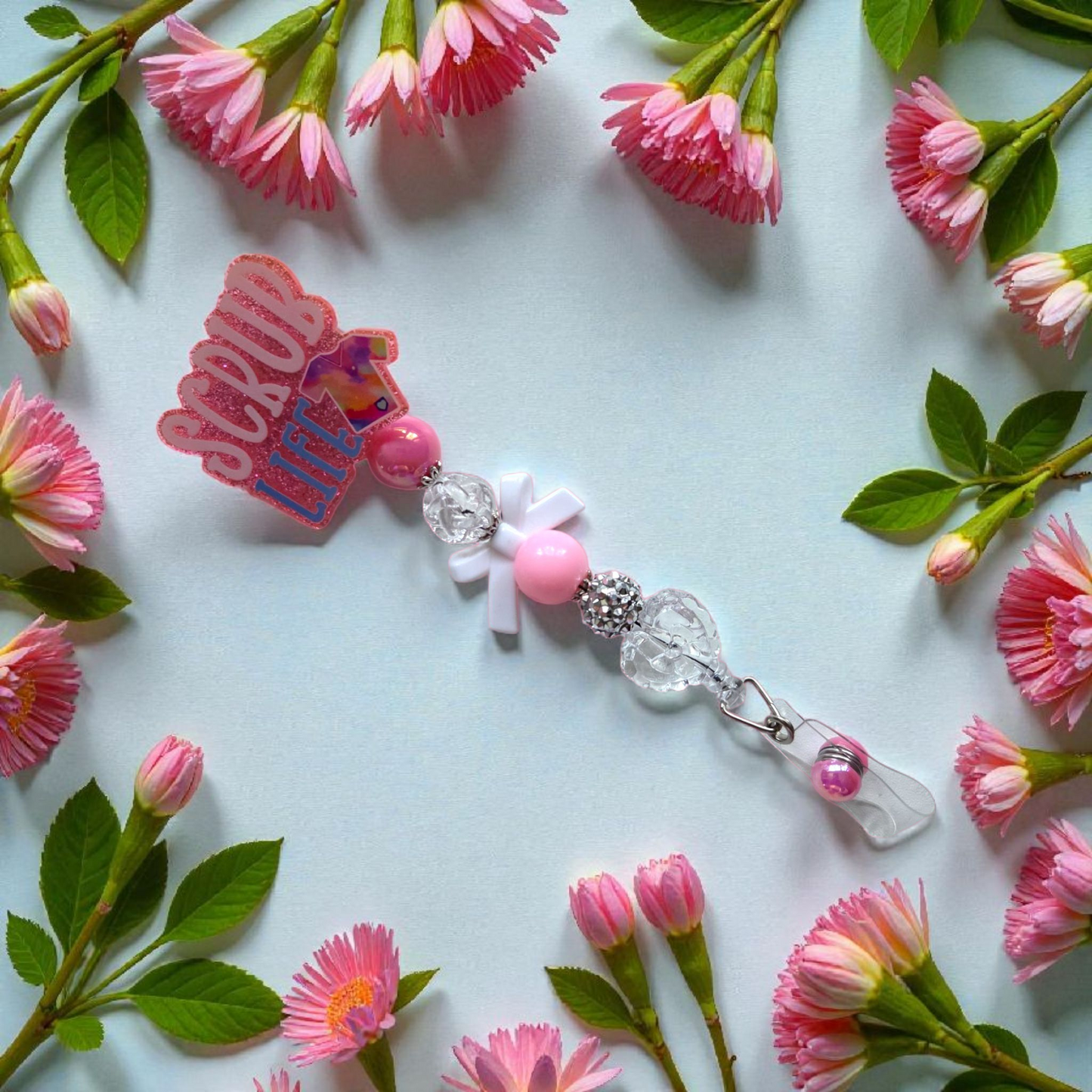 Nurse Badge Reel with Acrylic Beads and Charms, Retractable ID Holder, Multiple Colors Options