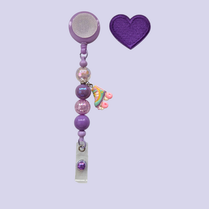 Interchangeable Heart Patches Badge Reel with Acrylic Beads & Roller Skate Charm, / Retractable ID Holder
