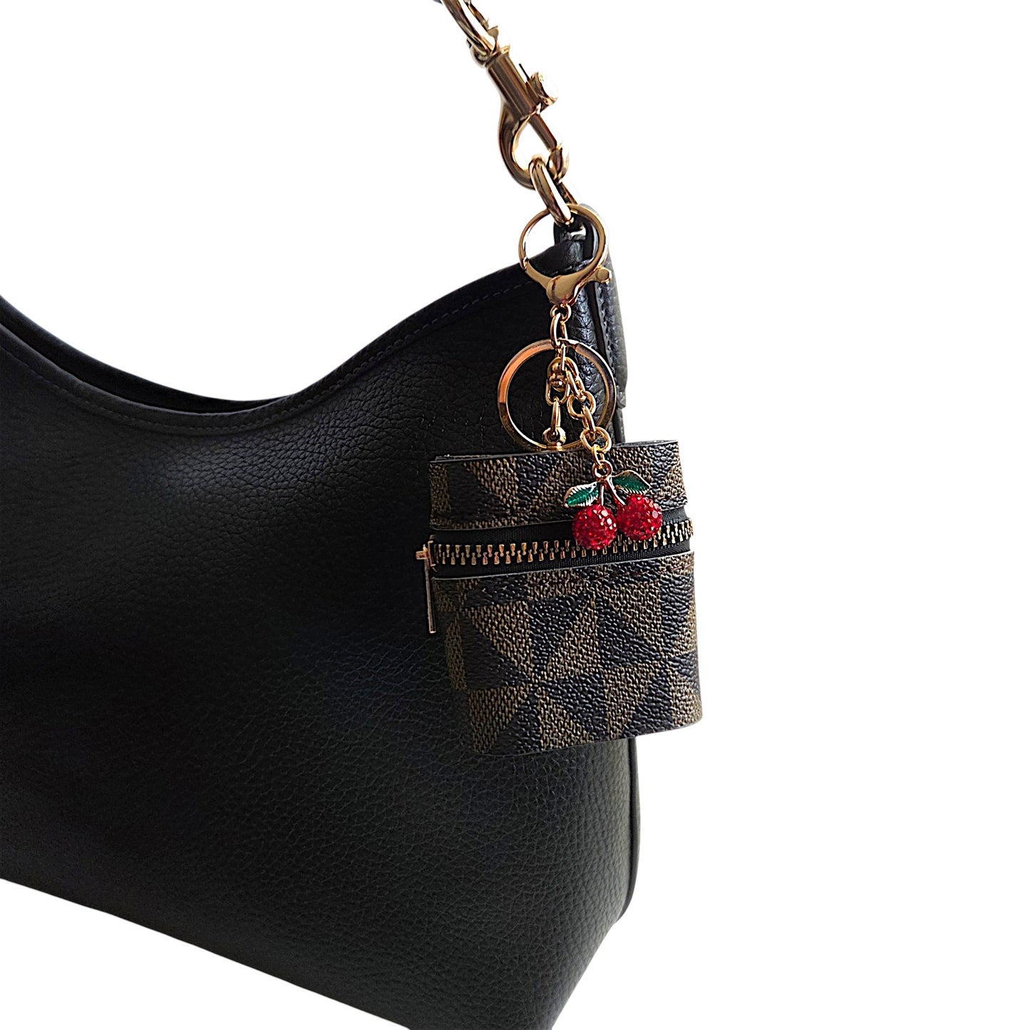 Faux Leather Geometric Pattern Earbud Holder Keychain with Charms