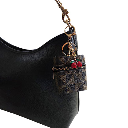 Faux Leather Geometric Pattern Earbud Holder Keychain with Charms