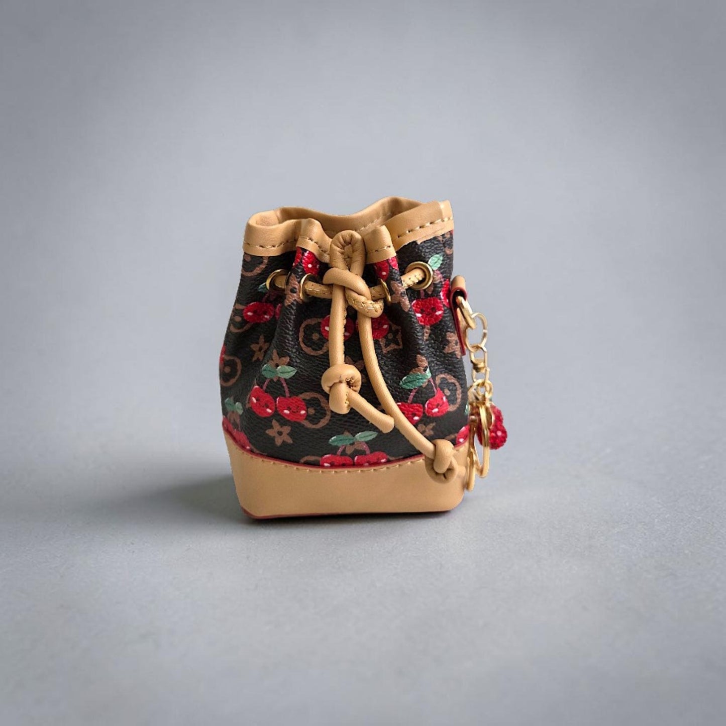 Mini Drawstring Bucket Bag Keychain with Cherry Design and Charm