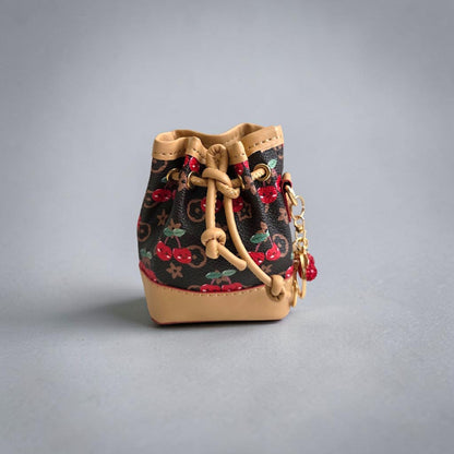 Mini Drawstring Bucket Bag Keychain with Cherry Design and Charm