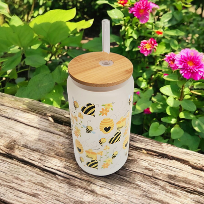 Frosted Glass Cup With Bamboo Lid & Straw with Honey Bee Design