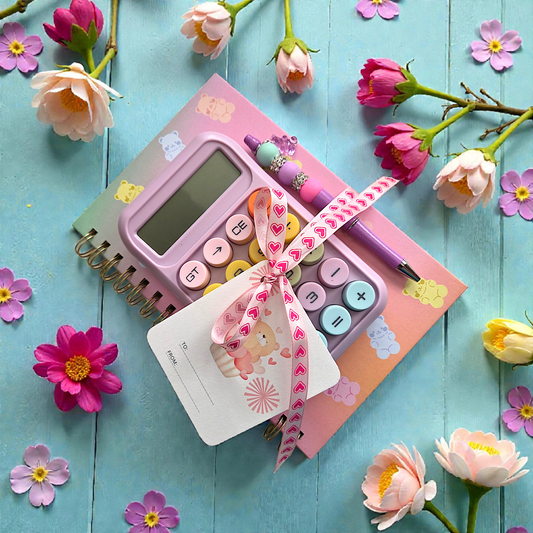Bear Stationery Set: Spiral Journal, Beaded Pen, Lavender Calculator