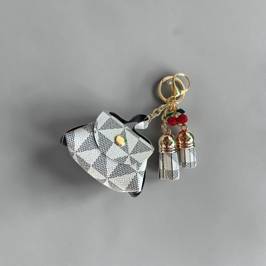 Faux Leather Geometric Pattern Mini Keychain Handbag with Charms