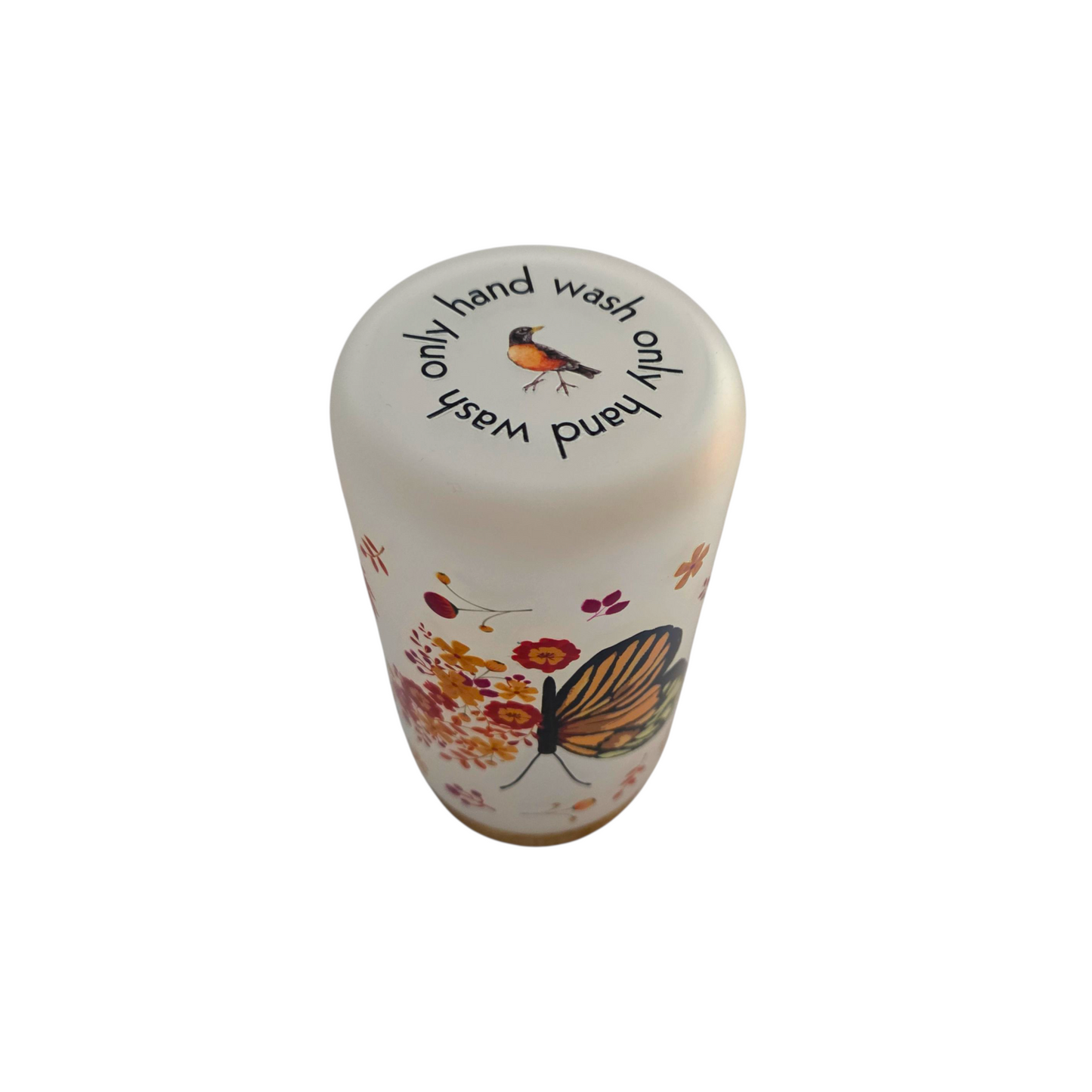 Elegant Butterfly Frosted Ice Coffee Glass with Bamboo Lid and Glass Straw