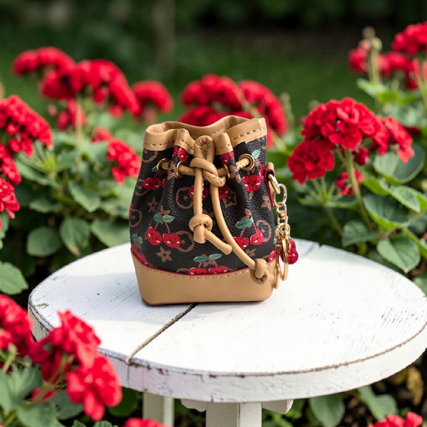 Mini Drawstring Bucket Bag Keychain with Cherry Design and Charm