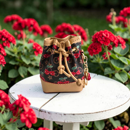 Mini Drawstring Bucket Bag Keychain with Cherry Design and Charm