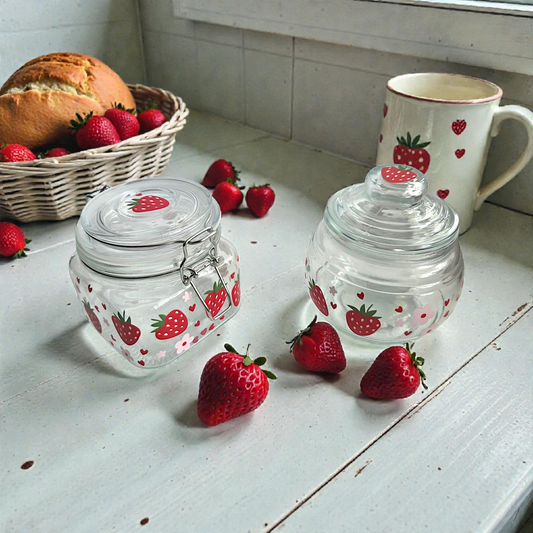 Glass Jar with Lid / Canister/ Storage Container with Strawberries and Flowers Decor