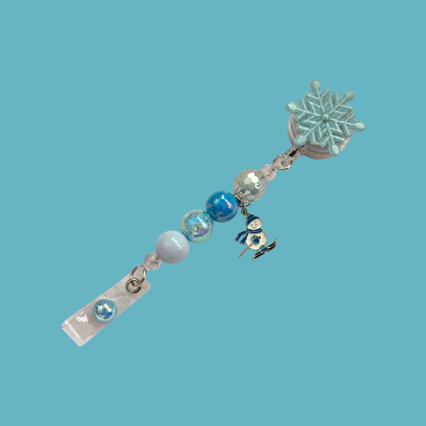 Interchangeable Snowflake Patches Badge Reel with Acrylic Beads & Charm, / Retractable ID Holder