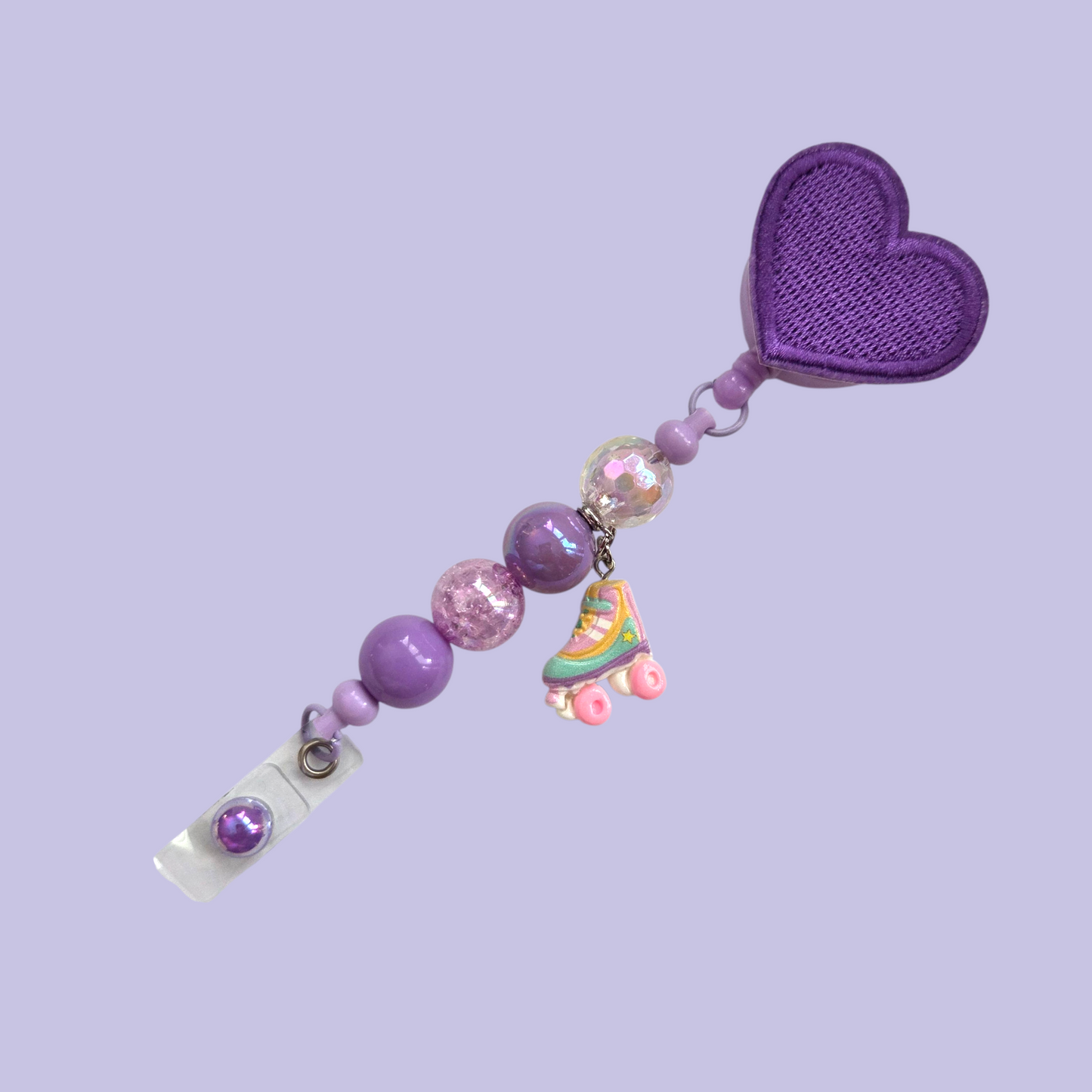 Interchangeable Heart Patches Badge Reel with Acrylic Beads & Roller Skate Charm, / Retractable ID Holder