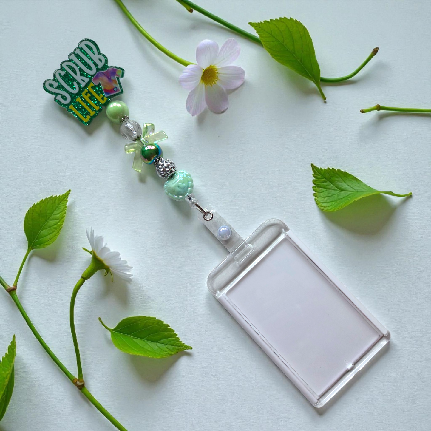 Nurse Badge Reel with Acrylic Beads and Charms, Retractable ID Holder, Multiple Colors Options