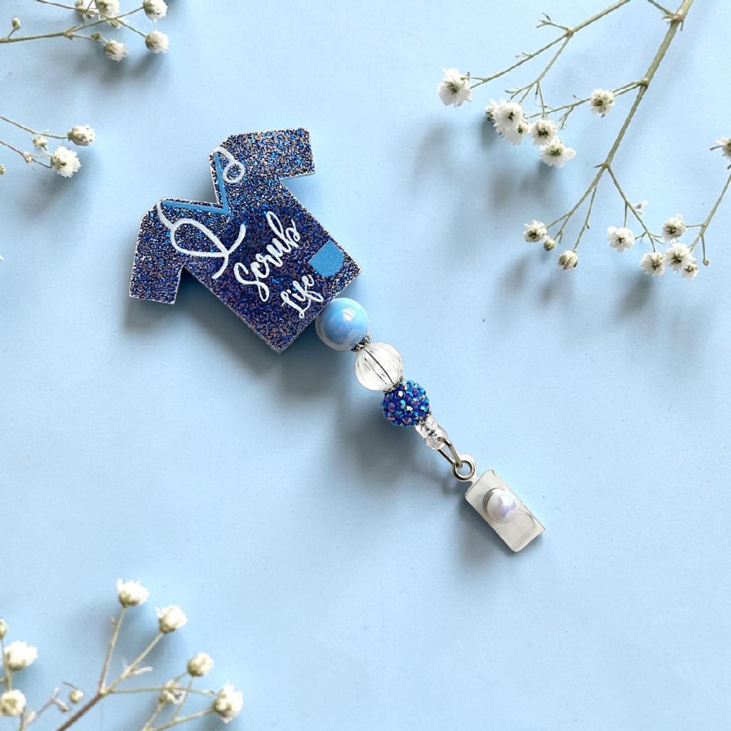 Nursing Scrub Top Badge Reel with Acrylic Beads and Charms/ Retractable ID Holder, Multiple Colors Options