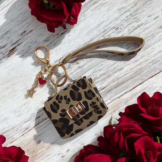 Cheetah Print Mini Mini Keychain Purse with Letter Charms