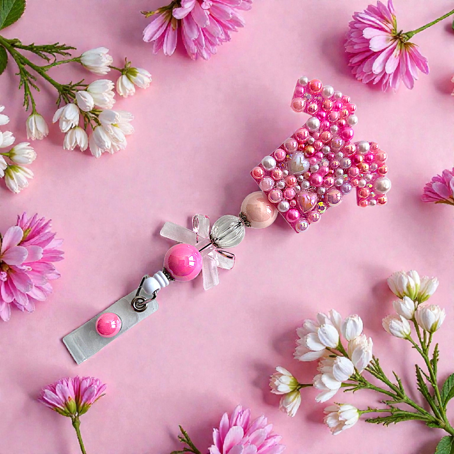 Blinged Nurse Badge Reel with Acrylic Beads and Charms, Retractable ID Holder