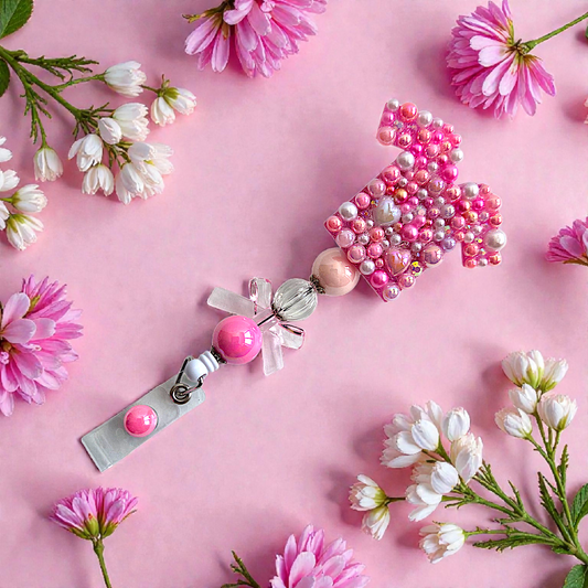 Blinged Nurse Badge Reel with Acrylic Beads and Charms, Retractable ID Holder