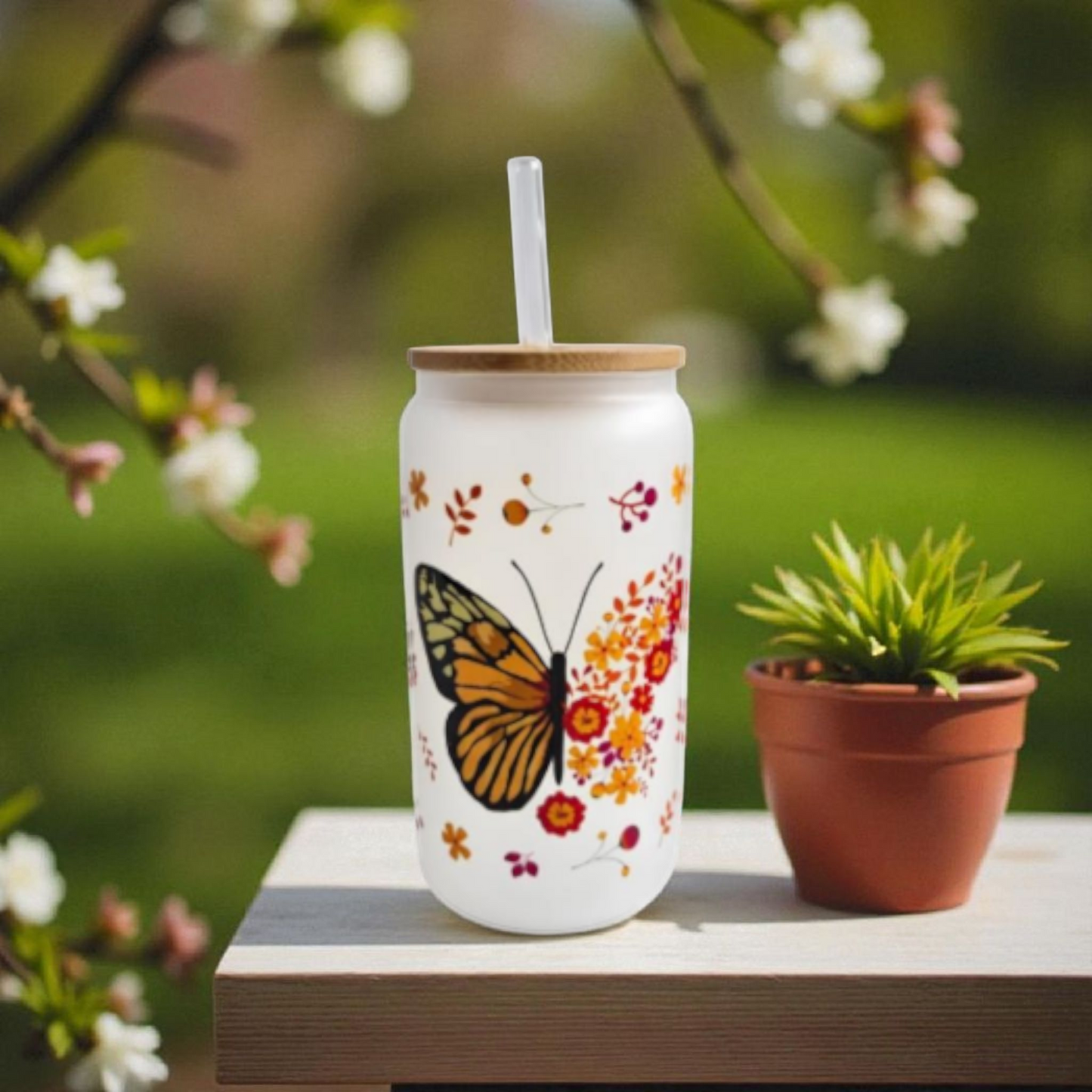 Elegant Butterfly Frosted Ice Coffee Glass with Bamboo Lid and Glass Straw