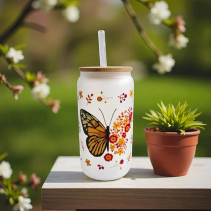 Elegant Butterfly Frosted Ice Coffee Glass with Bamboo Lid and Glass Straw