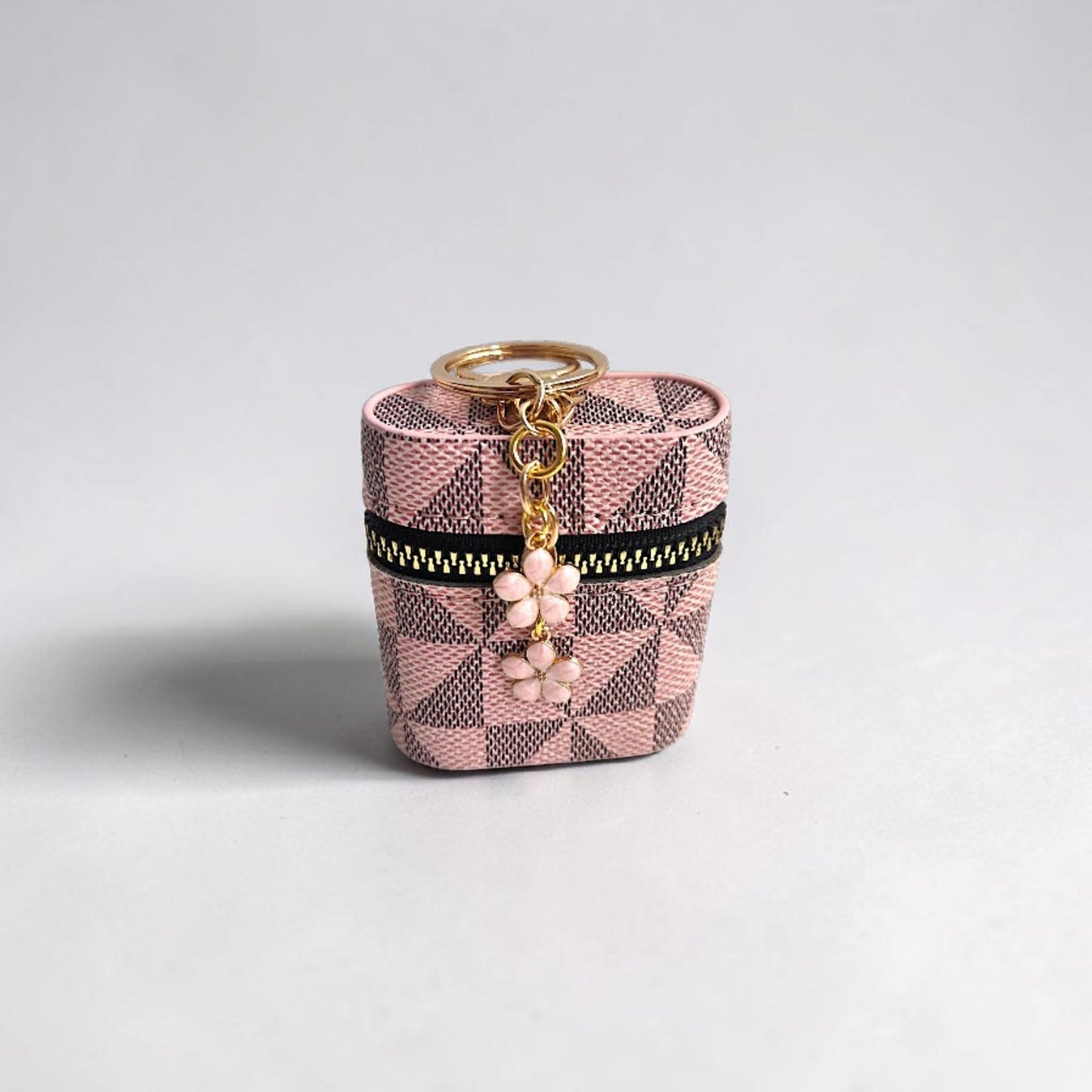 Faux Leather Geometric Pattern Earbud Holder Keychain with Charms