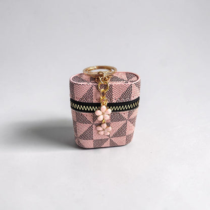 Faux Leather Geometric Pattern Earbud Holder Keychain with Charms
