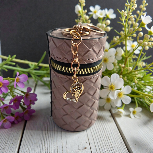 Woven Rose Pink Cylinder Mini Bag Keychain with Charms