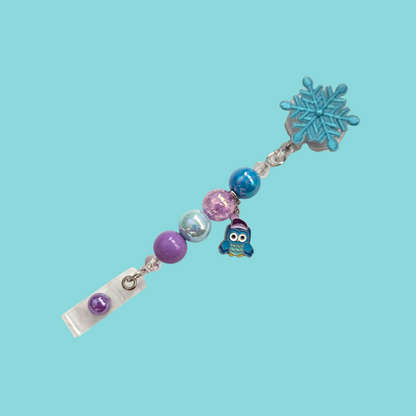 Interchangeable Snowflake Patches Badge Reel with Acrylic Beads & Charm, / Retractable ID Holder