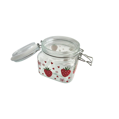 Glass Jar with Lid / Canister/ Storage Container with Strawberries and Flowers Decor