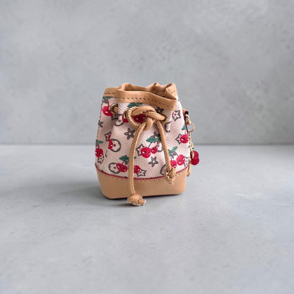 Mini Drawstring Bucket Bag Keychain with Cherry Design and Charm