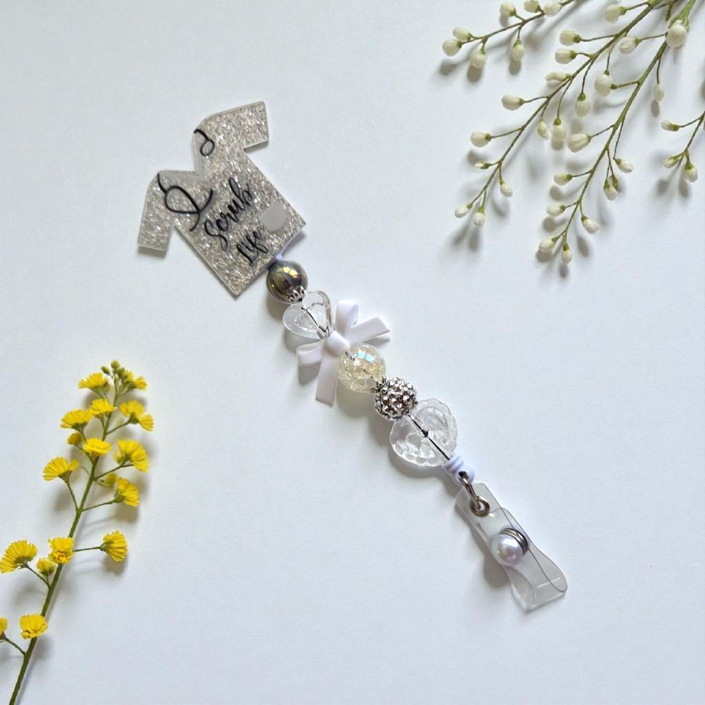 Nursing Scrub Top Badge Reel with Acrylic Beads and Charms/ Retractable ID Holder, Multiple Colors Options