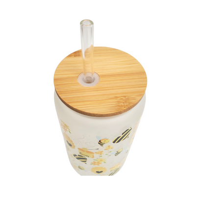 Frosted Glass Cup With Bamboo Lid & Straw with Honey Bee Design