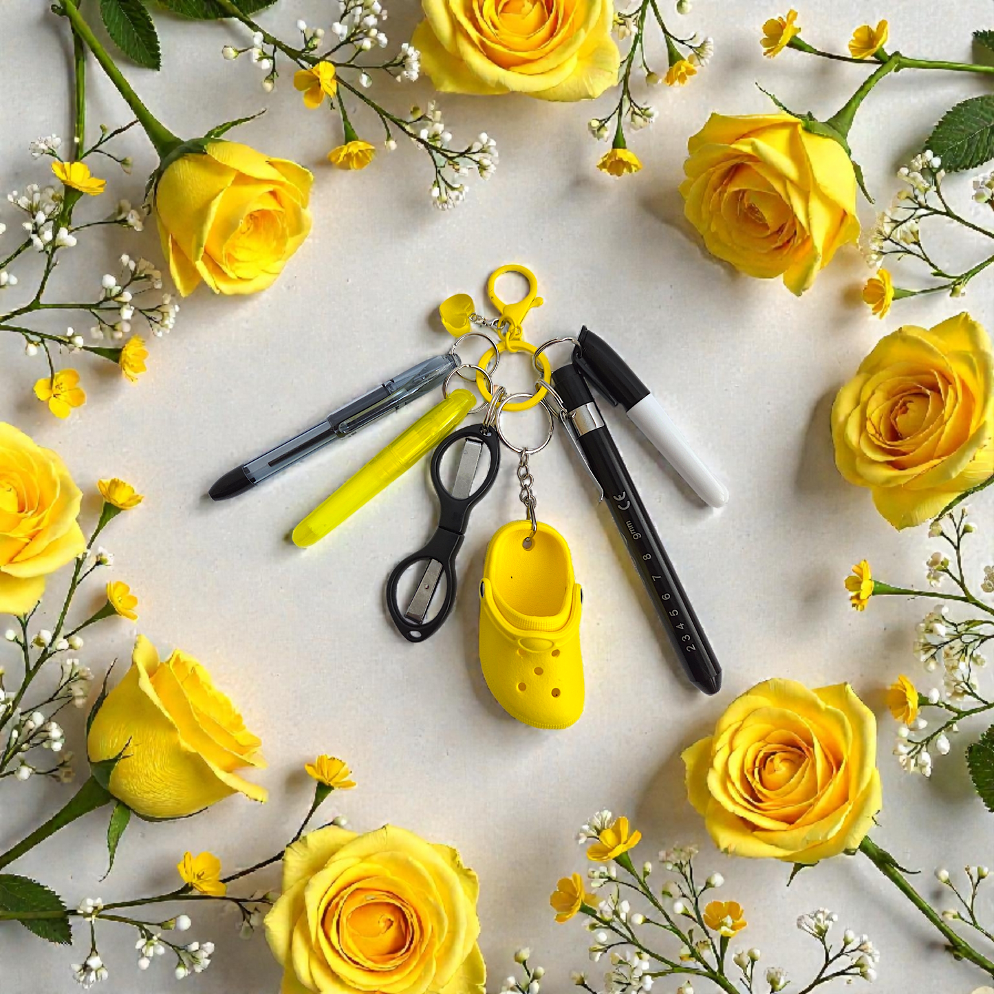 Badge Reel Accessory Set: Mini pen, highlighter, Sharpe, Scissors Penlight