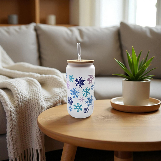 Winter Snowflakes Frosted Ice Coffee Glass with Bamboo Lid and Glass Straw