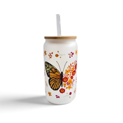 Elegant Butterfly Frosted Ice Coffee Glass with Bamboo Lid and Glass Straw