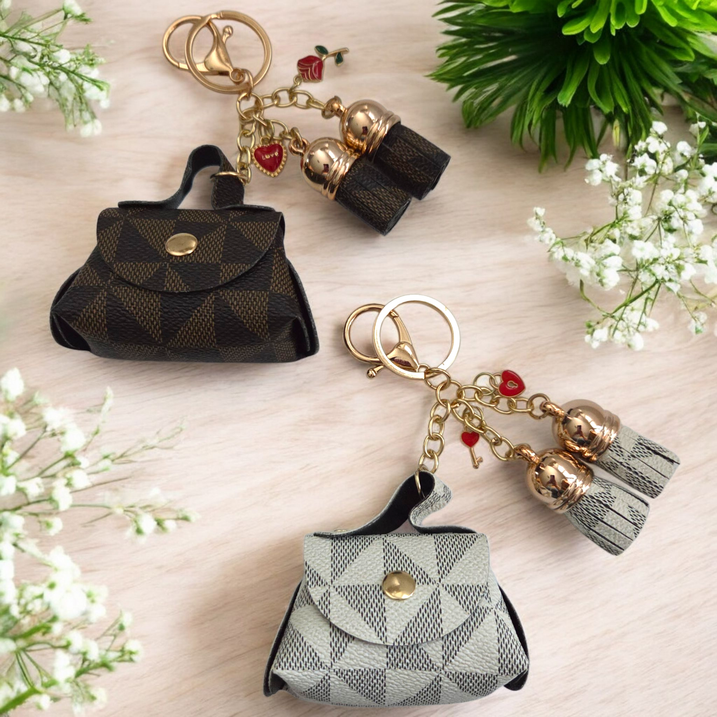 Faux Leather Geometric Pattern Mini Keychain Handbag with or without Charms