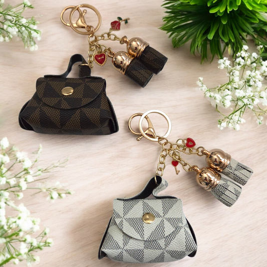 Faux Leather Geometric Pattern Mini Keychain Handbag with or without Charms