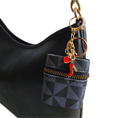 Faux Leather Geometric Pattern Earbud Holder Keychain with Charms