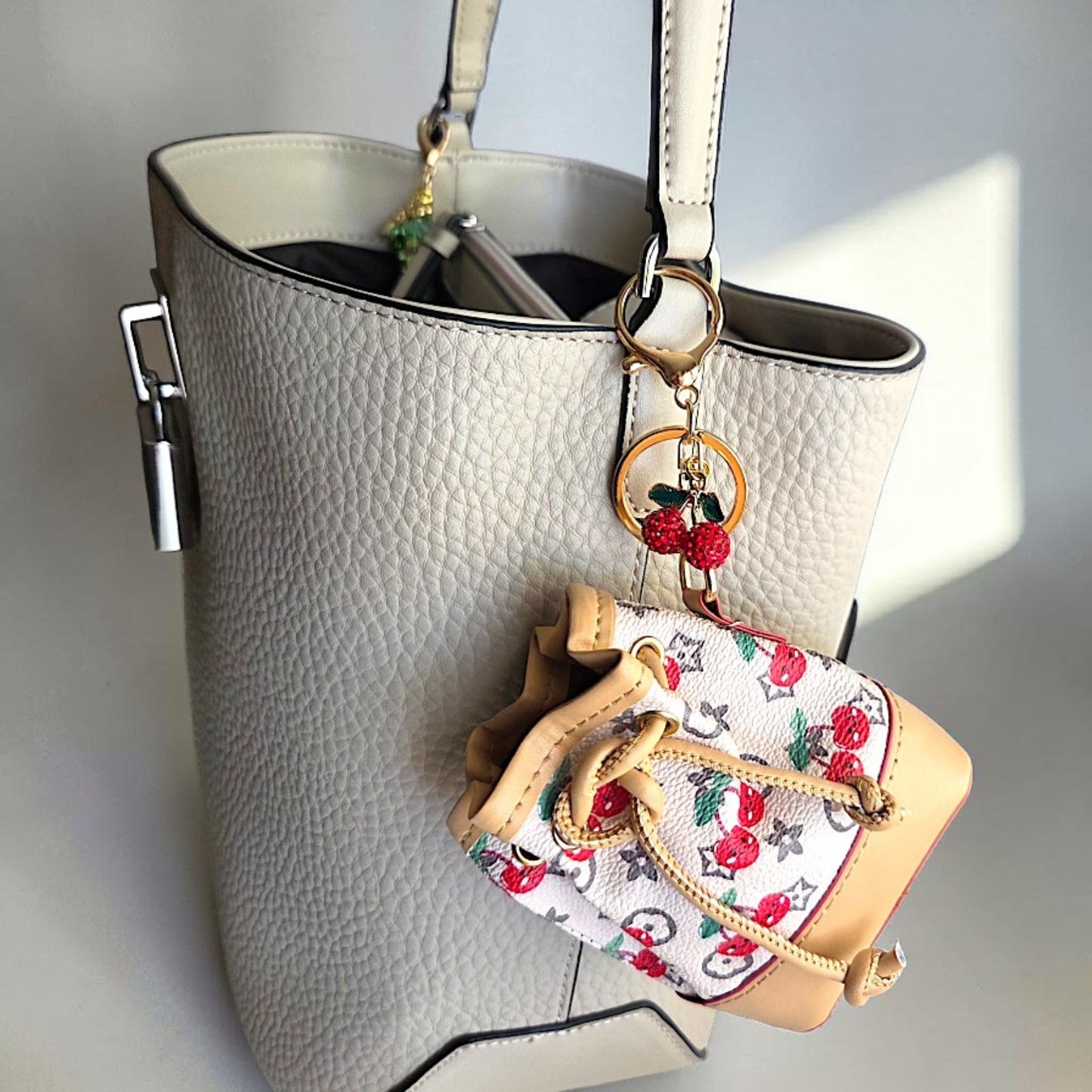 Mini Drawstring Bucket Bag Keychain with Cherry Design and Charm