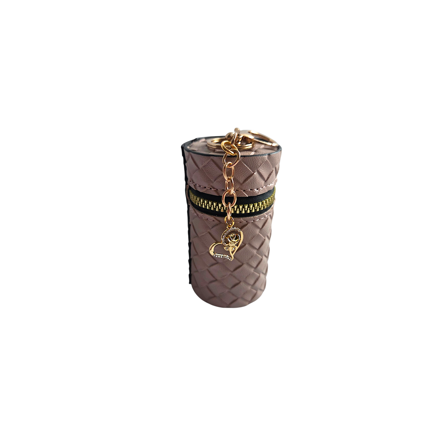 Woven Rose Pink Cylinder Mini Bag Keychain with Charms