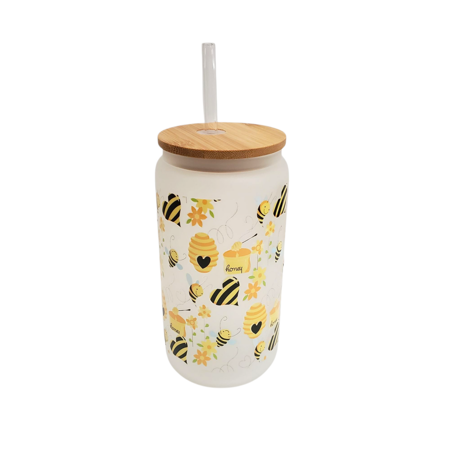 Frosted Glass Cup With Bamboo Lid & Straw with Honey Bee Design
