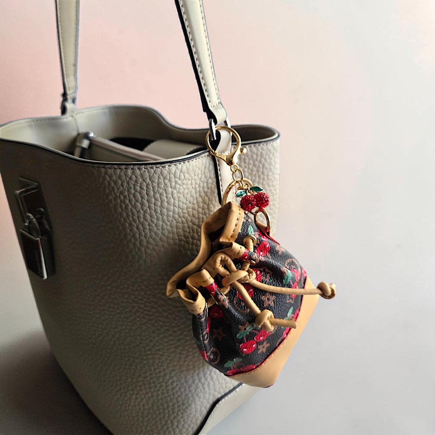 Mini Drawstring Bucket Bag Keychain with Cherry Design and Charm