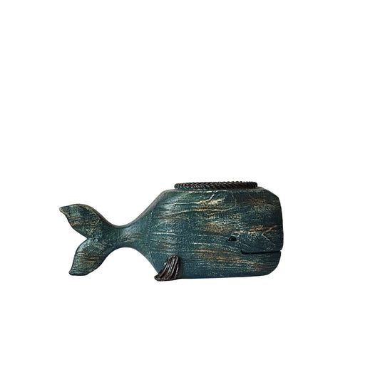Drew Derose  Blue whale pillar candle holder, Gives the appearance of distressed carved wood