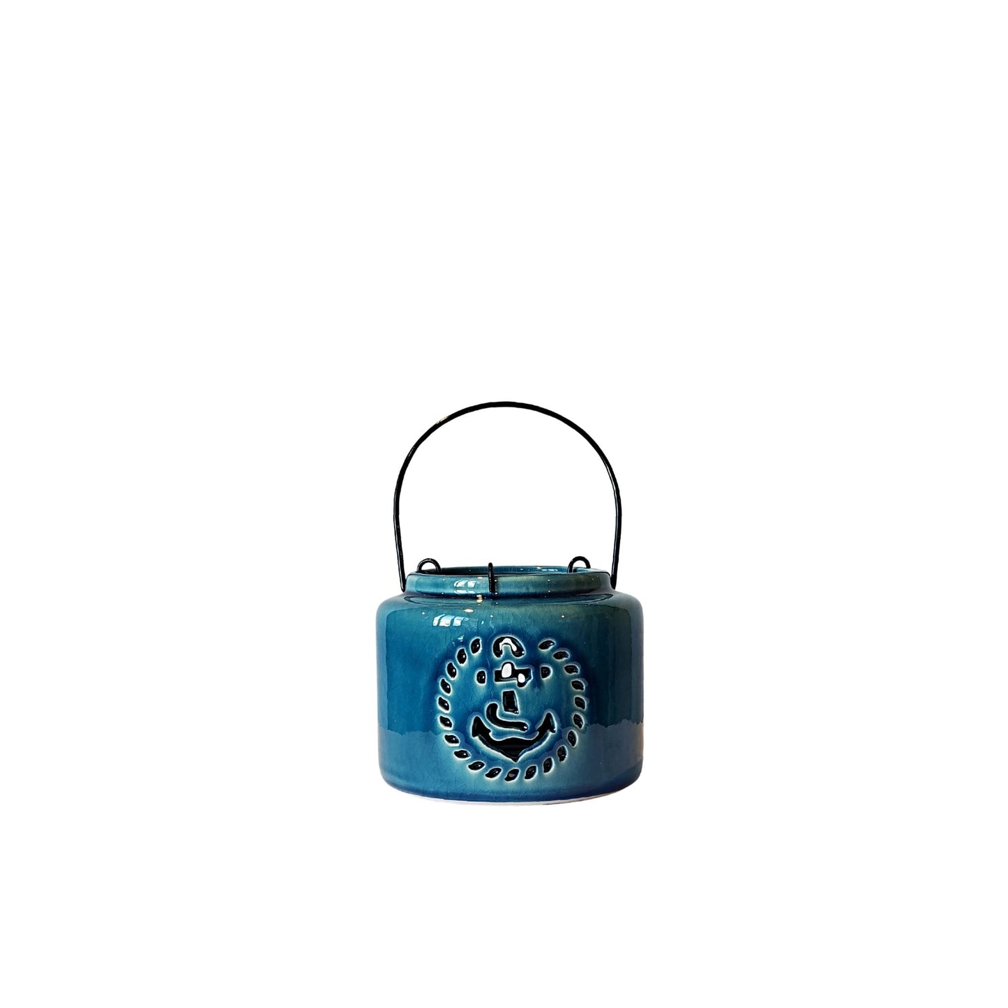 Light Blue Nautical lantern, these lanterns are uniquely designed with nautical shaped cut outs that allow light from the candles to shine through.  Each lantern has a wire insert that holds the candle in the middle of the lantern and metal handle for hanging