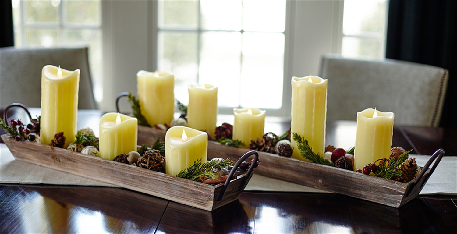 Wooden Tray w/Handles (Set of 2) with pine cone and flameless candle decor