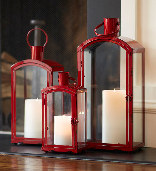 Red Metal/Glass Lantern (Set of 3)