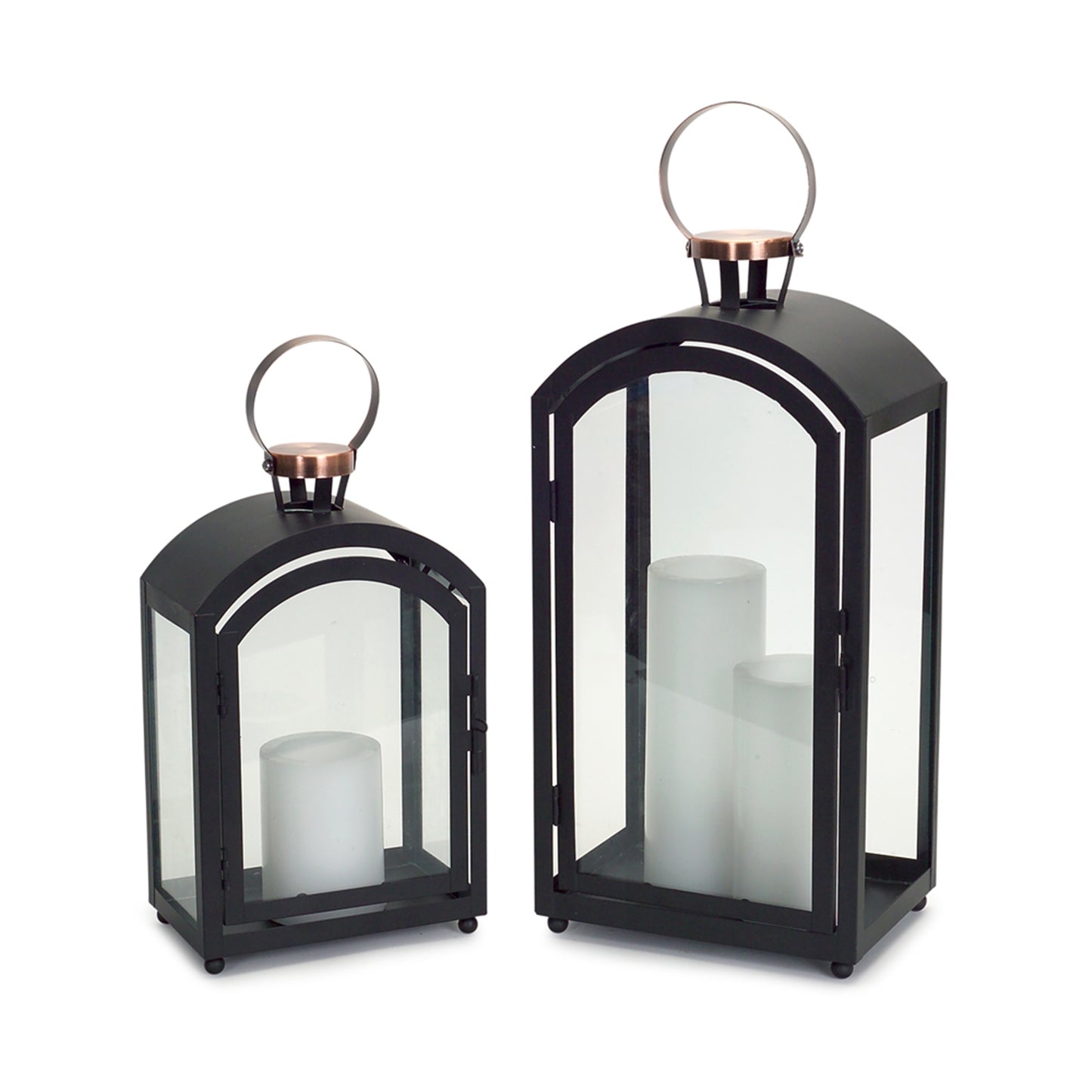 Modern black and copper metal glass lantern with white candles. Candles not included.  