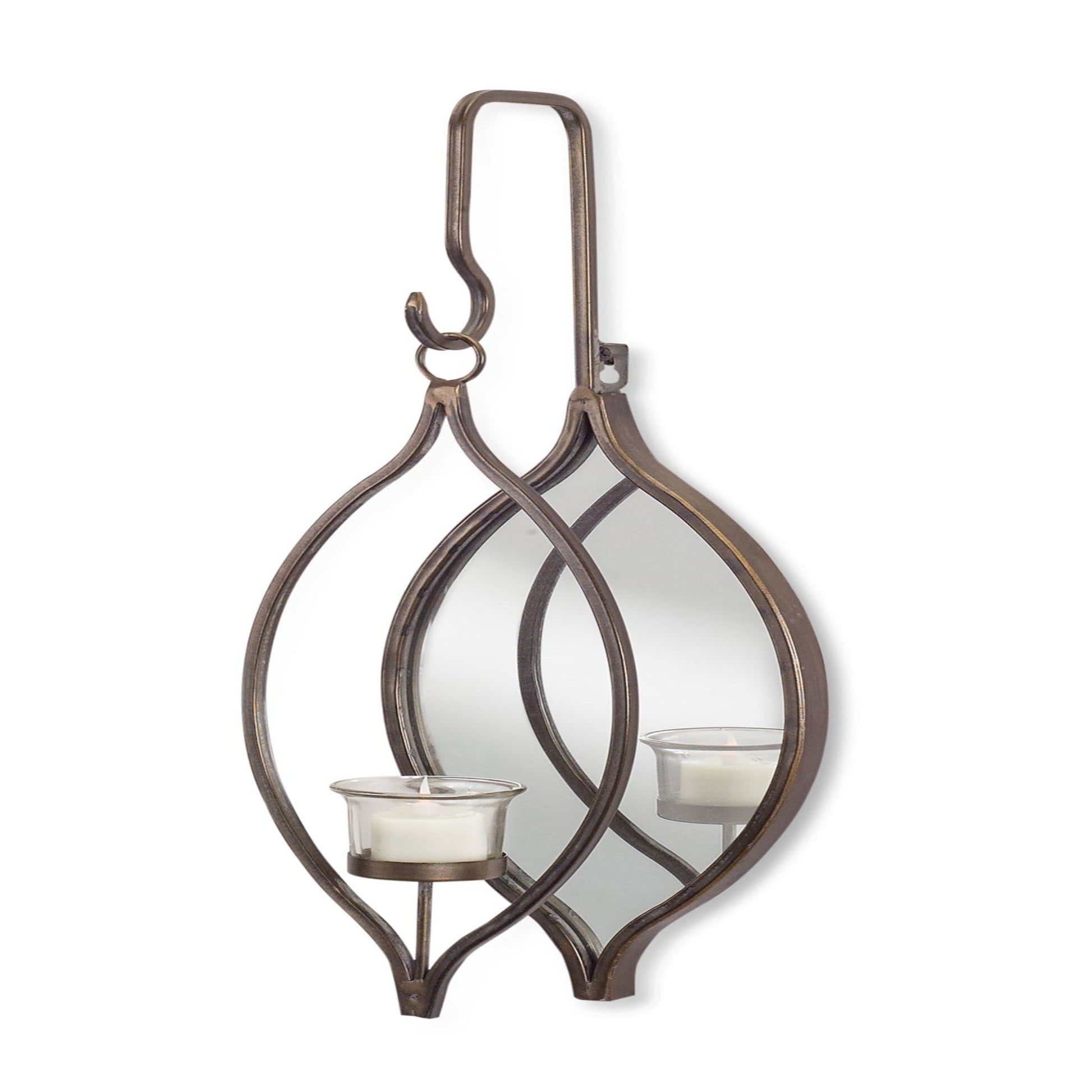 wall mirror features a suspended frame hanging in front of it, that holds a votive holder. 
