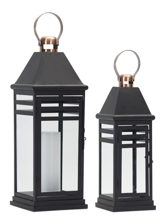 Modern Black metal lantern, The classic black finish paired with the copper accent is the perfect combination to create a stunning display. Great for both every day and seasonal decor,Featuring two assorted sizes, this set would fit in great with any style of home decor.
