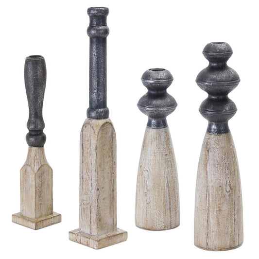 Rustic stone candle holders, set of 4, Featuring four assorted sizes and designs, the faux-wooden finish paired with the abstract shapes