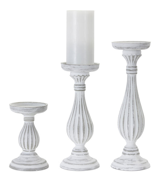 pedestal style candle holders are beautifully designed with a distressed finish