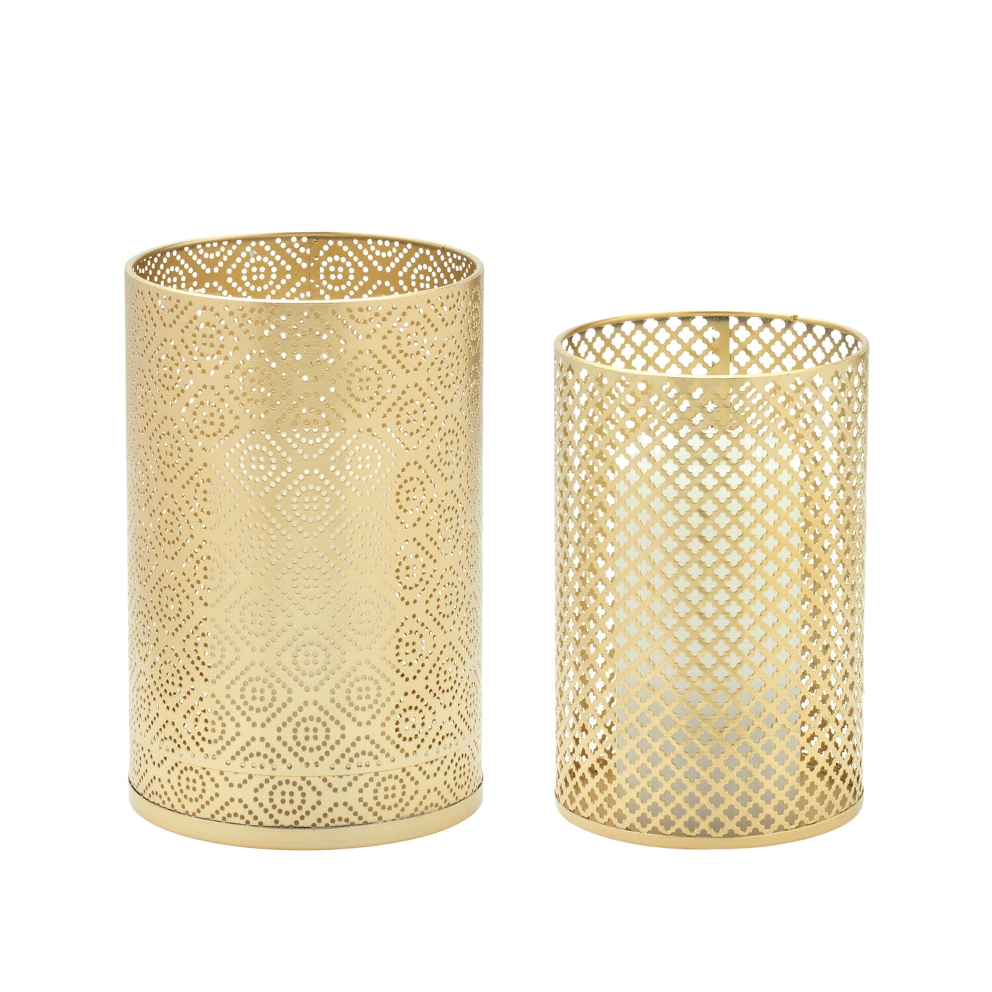  Iron metal candle holder, the chic gold finish paired with the ornate punched metal pattern